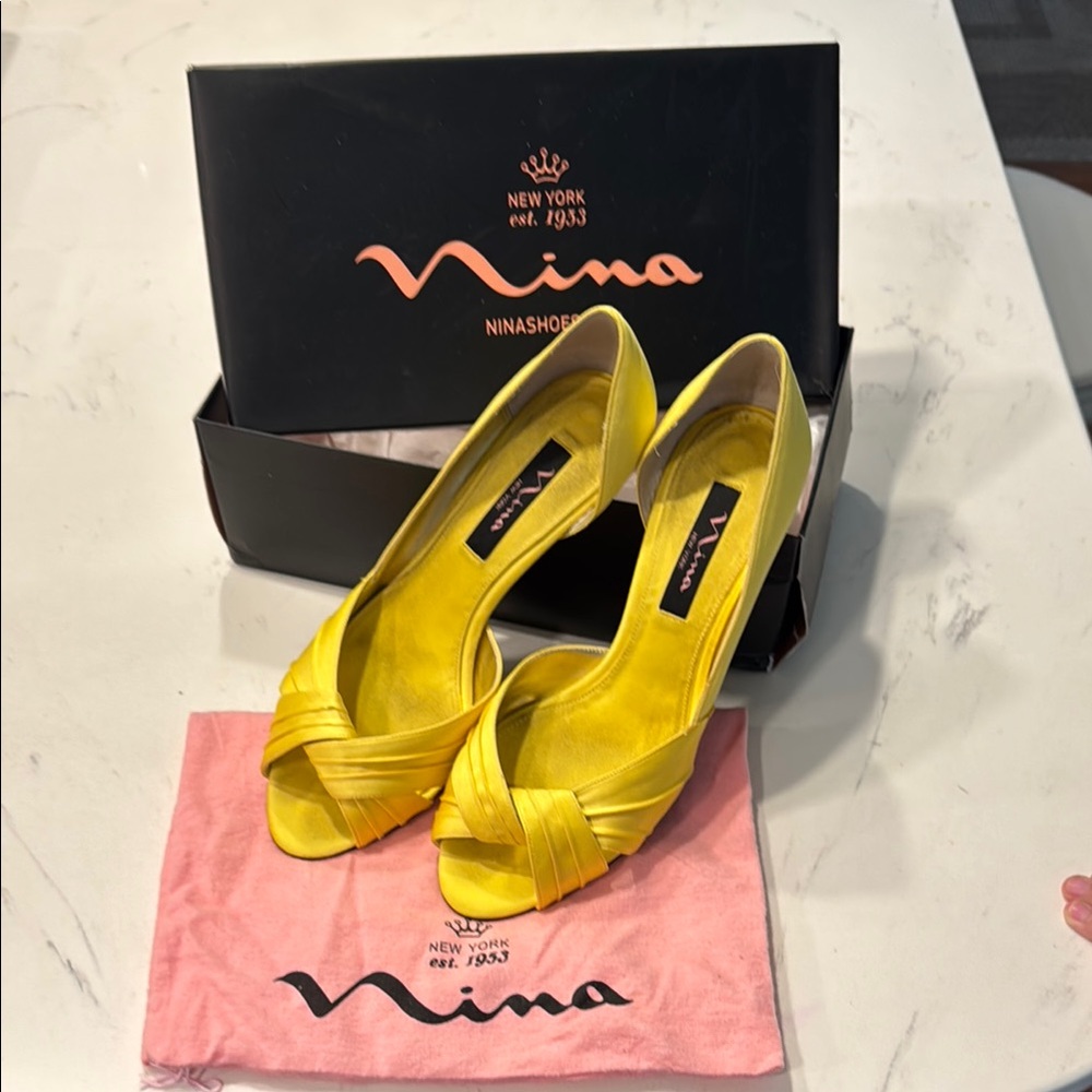 Nina Culver Yellow (Canary) Satin Peep-Toe Heels (Worn Once!)